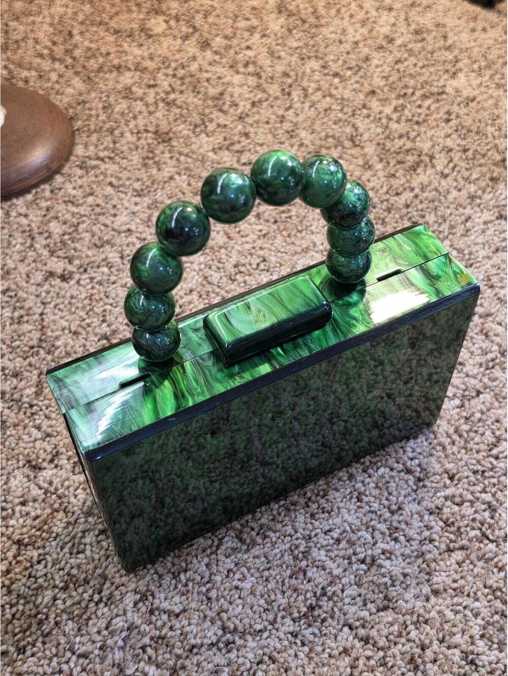 Trendy Green Acrylic Box Clutch with Beaded Handle - Picture 3 of 6